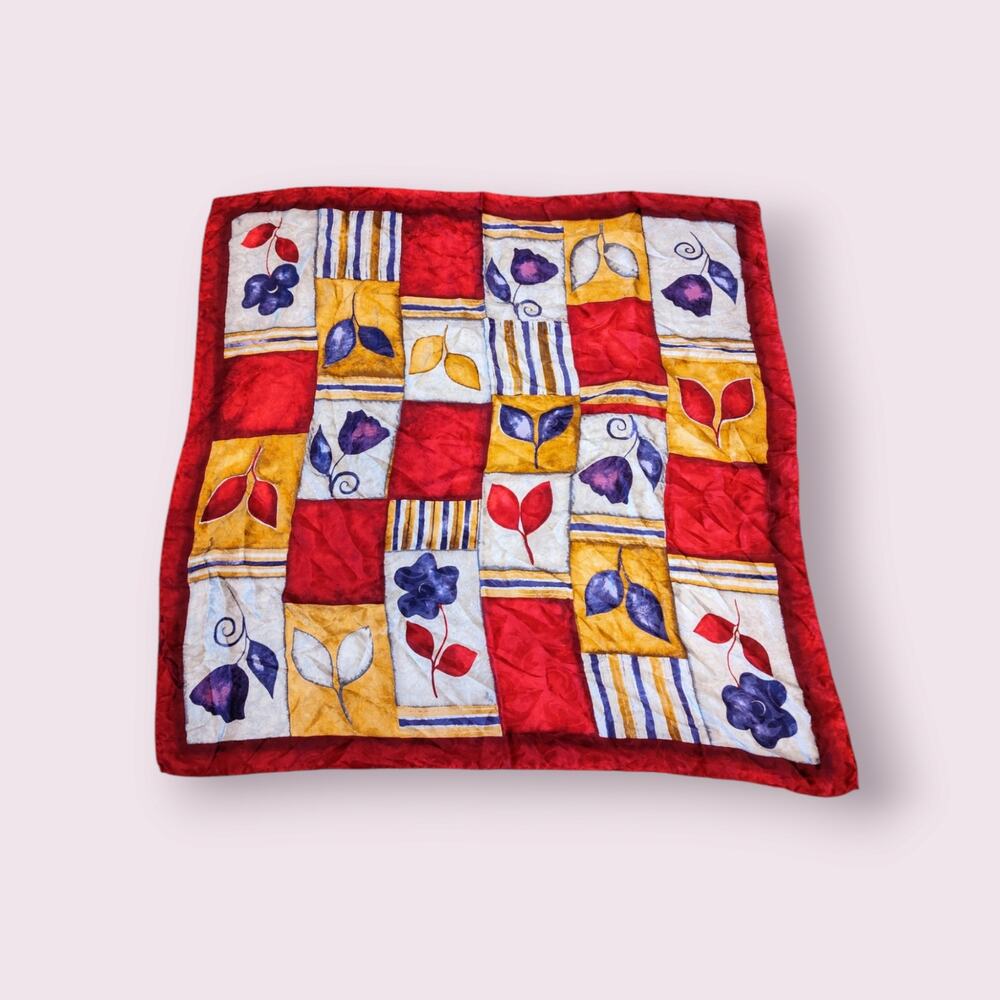 Italian‎ Colorful 100% Silk Scarf Floral/ Checkered Pattern Made in Italy - Picture 3 of 7